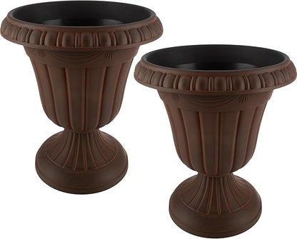 Pure Garden Outdoor Planter 2-Pack - 16x18-Inch Urn Planters - Plastic Plant Pots for Indoor, Outdoor, or Front Porch Decor - Flower Pots (Brown)
