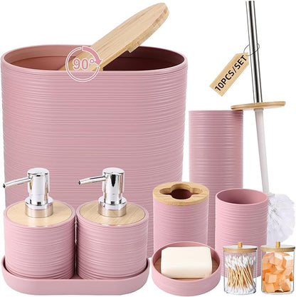 Pink Bathroom Set, Pink Bathroom Accessories Set with Trash Can, 2PCS Soap Dispensers, Soap Dish, Toothbrush Holder, Toothbrush Cup,Toilet Brush, Tray and Qtip Holders for Bathroom Decor