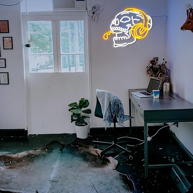 Skull Headphone Neon Sign Headphone Neon Light for Wall Decor LED Dimmable USB Skull Light Up Sign for Halloween Party Game Room Personalized Gifts(12.6 * 16.5In)