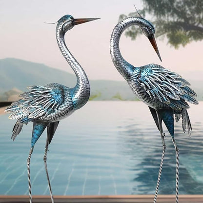 Crane Decor Statues, Blue Heron Garden Statues Metal Yard Art Outdoor Decoy, Garden Sculptures for Yard/Lawn/Pond/Outdoor Decoration, Set of 2