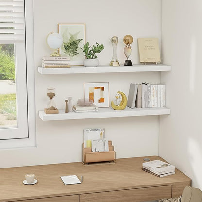 White Floating Shelves Wall Shelf 40 Inch, 8 Inch Deep Floating Shelf for Wall, Farmhouse Black Wood Shelves Invisible Bracket for Living Room, Bedroom, Kitchen, 40 x 8 x 1.4 Inch, Set of 2