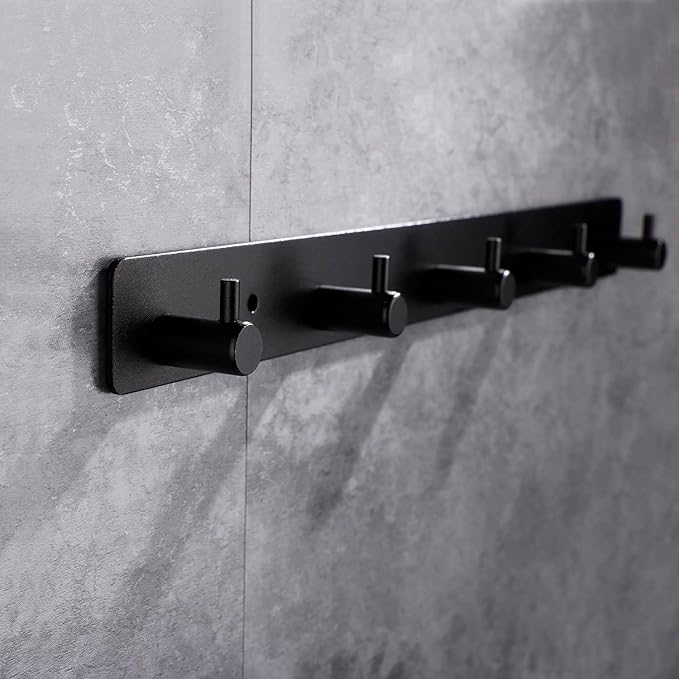 Black Wall Hooks, Matte Black Bathroom Hook Rail, Self Adhesive 5 Hooks Key Hook Rack Hanger Towel Robe Stick Hooks for Toilet Entryway Hallway Kitchen Wall Mounted