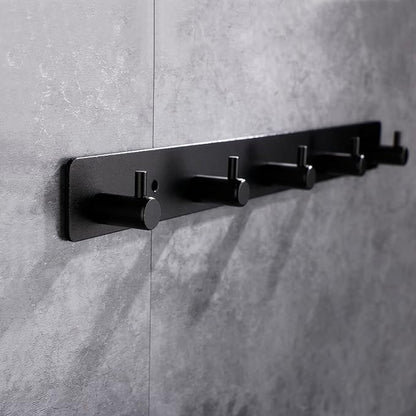 Black Wall Hooks, Matte Black Bathroom Hook Rail, Self Adhesive 5 Hooks Key Hook Rack Hanger Towel Robe Stick Hooks for Toilet Entryway Hallway Kitchen Wall Mounted