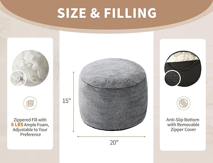 Round Ottoman Foot Rest for Couch 20"x15" Foot Stool Ottoman Pouf with Foam Chunk Filling Small Ottomans Foot Stools Poufs for Living Room Dark Grey Poof Hassocks and Ottomans Soft Foot Rest for Chair