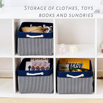 TcaFmac Storage Basket for Organizing - Large 4 Pack Foldable Storage Bins Baskets for Shelves with Ropes, Fabric Storage Cubes for Cloth Toy Gift Kids (Navy & White 16x12x8 inch)