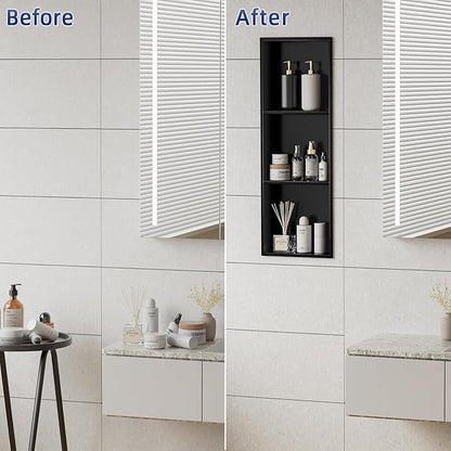 36x12 Inch No Tile Needed Shower Niche - 304 Stainless Steel Niche Shower with 3- Tier Shelves Recessed Wall Niches for Bathroom Storage,Matte Black