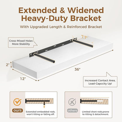 White Floating Shelves 36 Inch Long, 12 Inch Deep Floating Shelves for Wall, 36 x 12 Shelves for Wall Storage & Display, 2" Thick Floating Shelf for Bathroom, Living Room, Bedroom, Set of 1