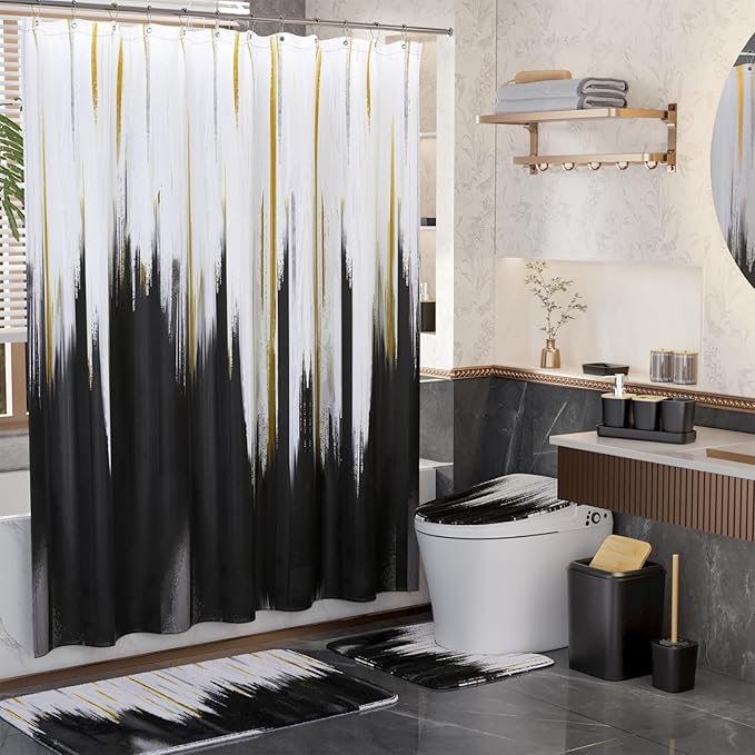 Black Bathroom Accessories Set - 24PCS Bathroom Sets with Shower Curtain and Rugs,Waterproof Black and White Shower Curtain Set, Toilet Brush, Trash Can & Soap Dispenser