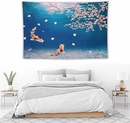 Japanese Koi Fish Tapestry, Cherry Blossoms Asian Oriental Blue Floral Branch Koi Fish Carp Tapestries Wall Hanging for Bedroom Living Room Office Decor 60"x40"