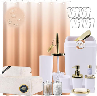 White Bathroom Accessories, 24 Pieces White Bathroom Accessories Set with Shower Curtain, Bath Towels, Trash Can, Soap Dispenser and Soap Dish for Bathroom/Housewarming
