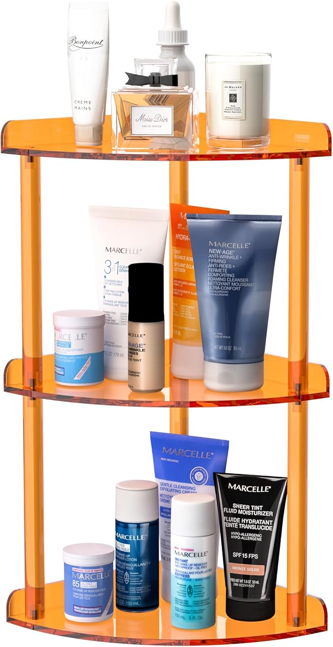 3 Tier Countertop Corner Organizer Shelf 7x7x15.7 Inch, Orange Countertop Acrylic Bathroom Corner Shelf, Vanity Storage Organizer for Cosmetics, Toiletries