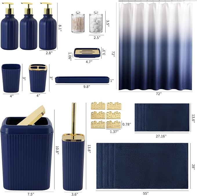 32PCS Bathroom Accessories Set Bathroom Set,Navy Blue Shower Curtain Set,Bath Towel Set,Hand Towel,Toilet Brush,Trash Can & 3PCS Soap Dispenser
