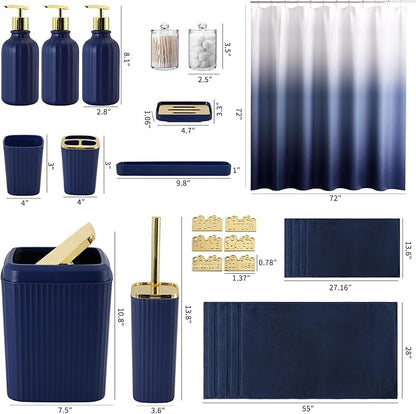 32PCS Bathroom Accessories Set Bathroom Set,Navy Blue Shower Curtain Set,Bath Towel Set,Hand Towel,Toilet Brush,Trash Can & 3PCS Soap Dispenser