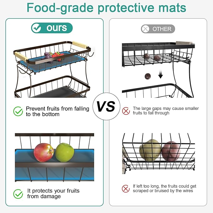 3 Tier Fruit Basket for Kitchen Counter with 2 Mobile Banana Hangers, 2025 Pro Detachable Metal Fruit Bowl with Wooden Handle, Fruit Holder for Bread Snack Veggies, Brown