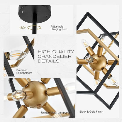 18.9'' Black Gold 8-Light Sputnik Chandelier Modern Industrial Adjustable Hanging Geometric Pendant Light Fixture for Entryway Foyer Stairway Hallway Bedroom Living Room Kitchen Island