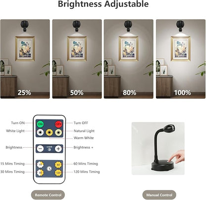 Cordless Spotlight Battery Operated, LED Picture Light, Dimmable Accent Light with Remote, Indoor Stick on Display Lamp for Plant Tree Photo Dartboard Painting Artwork Portrait