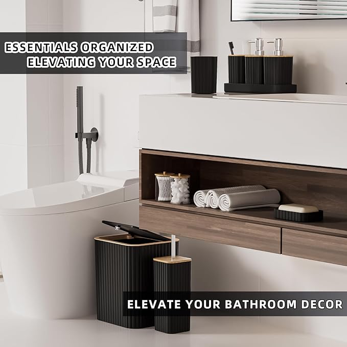 Bathroom Accessories Set - Elegant Black Bathroom Set, 10PC Bathroom Accessory Set, Toilet Brush, Trash Can, Qtip Holder Dispenser & Soap Dispenser
