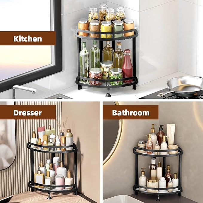 Black Bathroom Counter Organizer XL Corner Shelf, 2-Tier Bathroom Organizers Countertop, Large Capacity Corner Kitchen Storage, Skincare Makeup Vanity Tray, 9''L x 9''W x 13.8''H