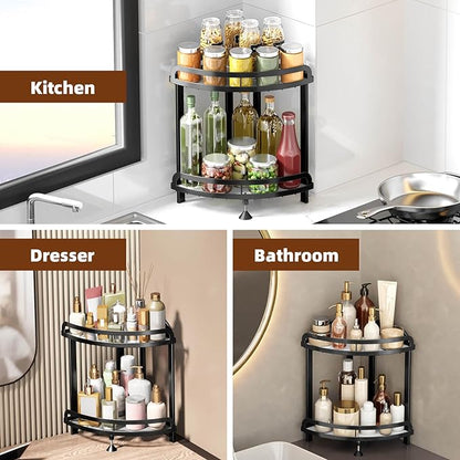 Black Bathroom Counter Organizer XL Corner Shelf, 2-Tier Bathroom Organizers Countertop, Large Capacity Corner Kitchen Storage, Skincare Makeup Vanity Tray, 9''L x 9''W x 13.8''H