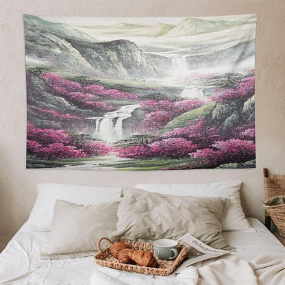 Japanese Tapestry, Red Plum Blossom Mountain Tapestry, Asian Japanese Wall Tapestry, Nature Landscape Tapestries for Bedroom Living Room Decor 90"x60"