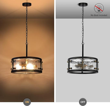 13" Industrial Drum Glass Chandelier, 3-Light Rustic Hanging Pendant Lights, Metal Round Lighting Fixture for Dining Room Foyer Entryway Hallway Bedroom, Clear Waterglass Drum Shade