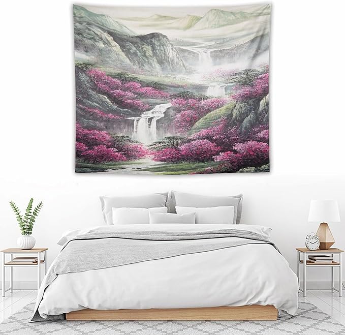 Japanese Tapestry, Red Plum Blossom Mountain Tapestry, Asian Japanese Wall Tapestry, Nature Landscape Tapestries for Bedroom Living Room Decor 60"x50"