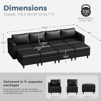 118.5" Luxury Modular Sleeper Sofa Bed with Storage Seat, 8 Seat Sectional Couch Deep Seat with Reversible Chaises & Removable Cover - Black Faux Leather
