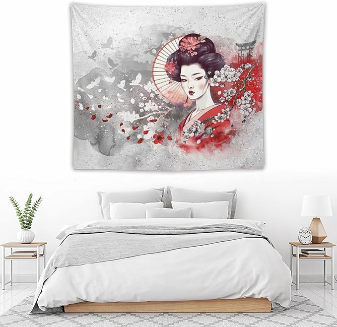Japanese Geisha Tapestry Asian Red Cherry Blossom Traditional Kimono Folk Tapestries Home Decor for Living Room Bedroom Apartment Farmhouse Dorm 60"x50"