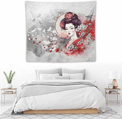 Japanese Geisha Tapestry Asian Red Cherry Blossom Traditional Kimono Folk Tapestries Home Decor for Living Room Bedroom Apartment Farmhouse Dorm 60"x50"