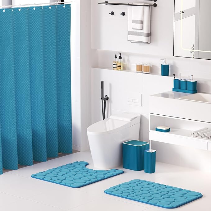 Bathroom Set with Shower Curtain and Rugs- 25PC Teal Bathroom Set, Bathroom Accessories Set, Shower Curtain Set, Trash Can, Qtip Holder Dispenser & Soap Dispenser