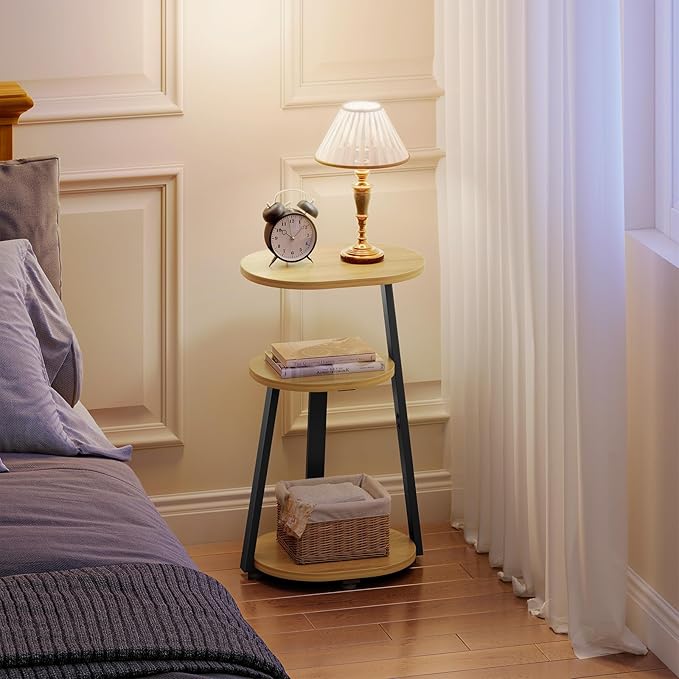 Side Table, Small End Table with Metal Frame, 3-Tier Bedside Tables, Round Side Tables for Living Room Bedroom Couch Bathroom, Oval, Modern Oak