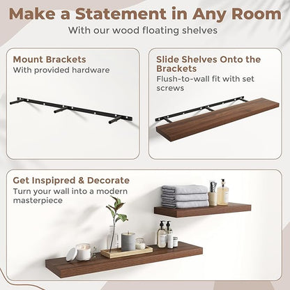 48 Inch Floating Shelves for Wall Set of 2, 8"D Wood Grain Bathroom Shelves with Invisible Brackets, Easy Install Engineered Wood Storage Shelves for Kitchen, Living Room, Bedroom, Walnut Finish