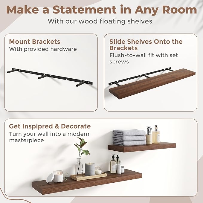 55 Inch Floating Shelves for Wall Set of 2, 8"D Wood Grain Bathroom Shelves with Invisible Brackets, Easy Install Engineered Wood Storage Shelves for Kitchen, Living Room, Bedroom, Walnut Finish