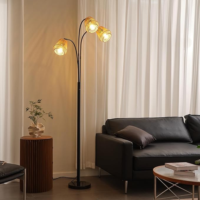 Rattan Floor Lamp for Living Room, 72 Inch Tall Boho Floor Lamp with Rotary Switch, 3 Light Arc lamp with Wicker Shade for Coastal,Bohemian,Rustic,Beach Tree,Farmhouse Standing Lamp