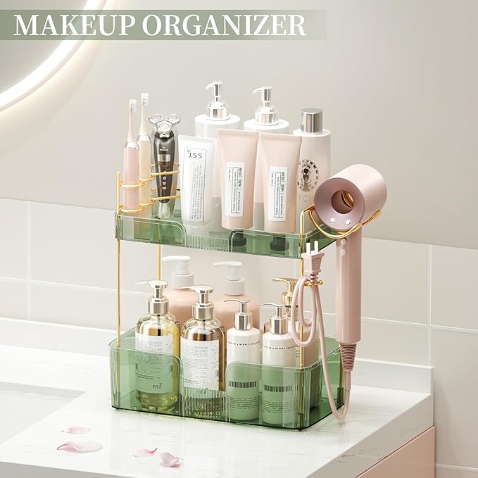 Bathroom Counter Organizer with Hair Dryer Holder, Hair Tool Countertop Storage, Cosmetics Skincare Shelf Organizer, Makeup Organizer Perfume for Dresser Vanity Tray(2 Tier-Green)