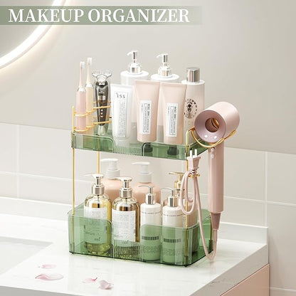 Bathroom Counter Organizer with Hair Dryer Holder, Hair Tool Countertop Storage, Cosmetics Skincare Shelf Organizer, Makeup Organizer Perfume for Dresser Vanity Tray(2 Tier-Green)