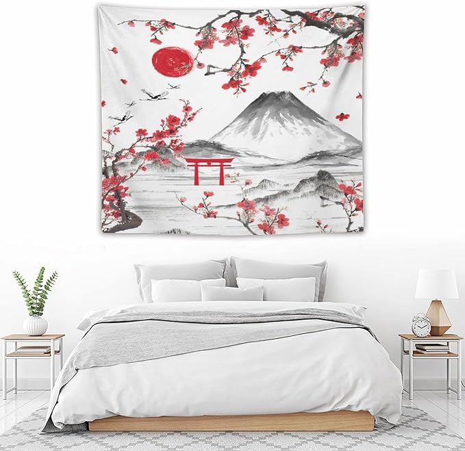 Red Cherry Blossoms Tapestry, Japanese Fuji Mountain Tapestry, Asian Japanese Wall Tapestry, Nature Landscape Tapestries for Bedroom Living Room Decor 60"x50"
