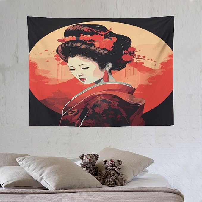 Japanese Woman Geisha Tapestry Asian Cherry Blossom Red Sun Traditional Kimono Folk Tapestries Home Decor for Living Room Bedroom Apartment Farmhouse Dorm 40"x30"