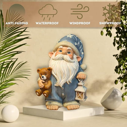 Sleepy Garden Gnome with Teddy Bear & Lantern - 9" Weatherproof Resin Statue - Indoor Outdoor Decor - Whimsical for Home, Patio & Lawn