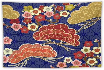 HZOHNAGO Japanese Tapestry Art Abstract Colorful Cherry Blossom Blue Background Pattern Printed Wall Tapestry Painting Wall Hanging for Bedroom Living Room Dorm 90" W x 60" H