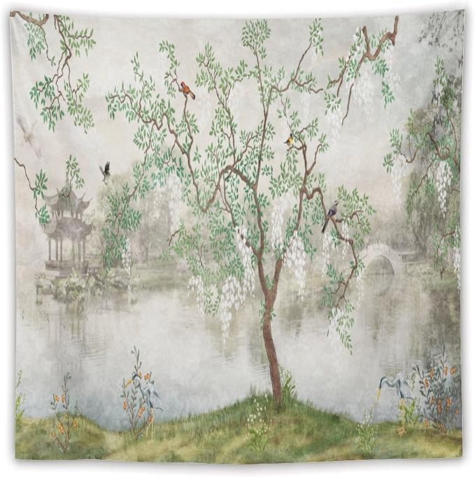 HZOHNAGO Japanese Tapestry Tree Misty Garden Lake Printed Wall Tapestry Ink Painting Wall Hanging for Bedroom Living Room Dorm 60" W x 60" H