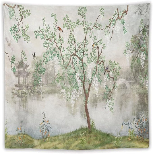 HZOHNAGO Japanese Tapestry Tree Misty Garden Lake Printed Wall Tapestry Ink Painting Wall Hanging for Bedroom Living Room Dorm 60" W x 60" H