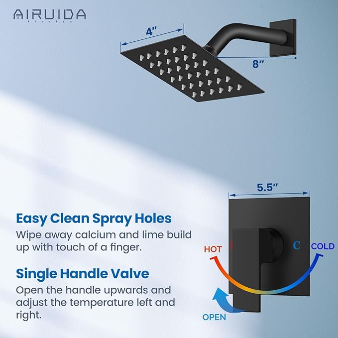Airuida Shower Faucet Set Bathroom Rain Shower System SUS304 Stainless Steel Single Handle With Male Threads Rough-in Valve Shower Trim Kit 4 Inch Wall Mount Shower Head Matte Black