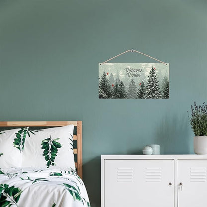 Welcome Winter Hanging Wooden Signs 12x6, Pine Tree Decor, Winter Door Decorations, Winter Door Sign, Snowflake Pine Trees Birds Home Room Office Hanging Wall Decor