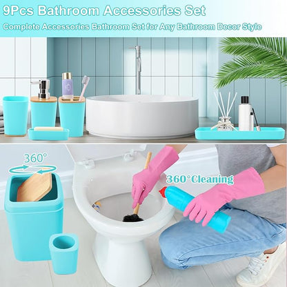 Teal Blue Bathroom Accessories Set with Trash Can 9 Piece Bathroom Decor Toothbrush Holder,Toothbrush Cup,Lotion Soap Dispenser,Vanity Tray,Soap Dish,Toilet Brush,Qtip Holder
