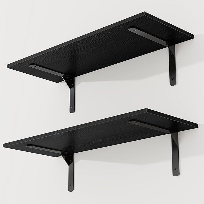 30" W x 12" D Black Floating Shelves for Wall, Deep Wall Shelves with Visible Bracket for Books, Plant, Large Deep Bathroom Shelf for Storage & Display, Set of 2