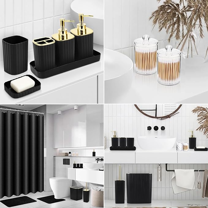 26PC Bathroom Accessories Set - Gorgeous Black Bathroom Set, Bathroom Accessory Set, Black Shower Curtain Set with Bathtub Mats for Shower Tub