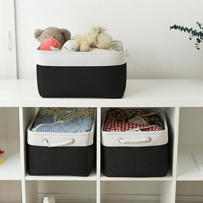 TheWarmHome Storage Basket for Organizing - Large 3 Pack 15.7x11.8x8.3 inch Collapsible Storage Bin for Shelves with Handles Laundry Cube Toy Closet Nursery (Whiet & Black)