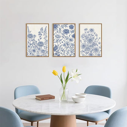 Classic Chinoiserie Floral Framed Canvas Wall Art Set, Blue and White Flower Wall Decor, Navy Watercolor Wall Painting, Minimalist Wildflower Art Print for Living Room, Bedroom - 24"x36"×3