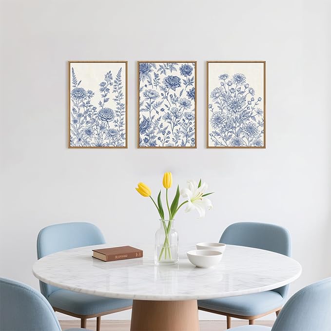 Classic Chinoiserie Floral Framed Canvas Wall Art Set, Blue and White Flower Wall Decor, Navy Watercolor Wall Painting, Minimalist Wildflower Art Print for Living Room, Bedroom - 16"x24"×3
